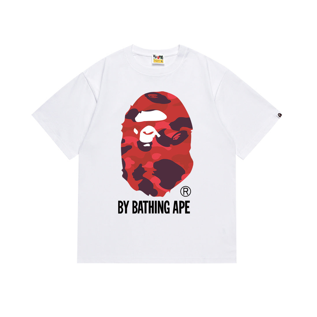 White T-shirt with red camouflage BAPE face graphic and BY BATHING APE text