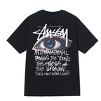 Stussy black T-shirt with blue eye graphic and graffiti-style text