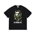 Black graphic T-shirt with camo ape face and BY BATHING APE logo