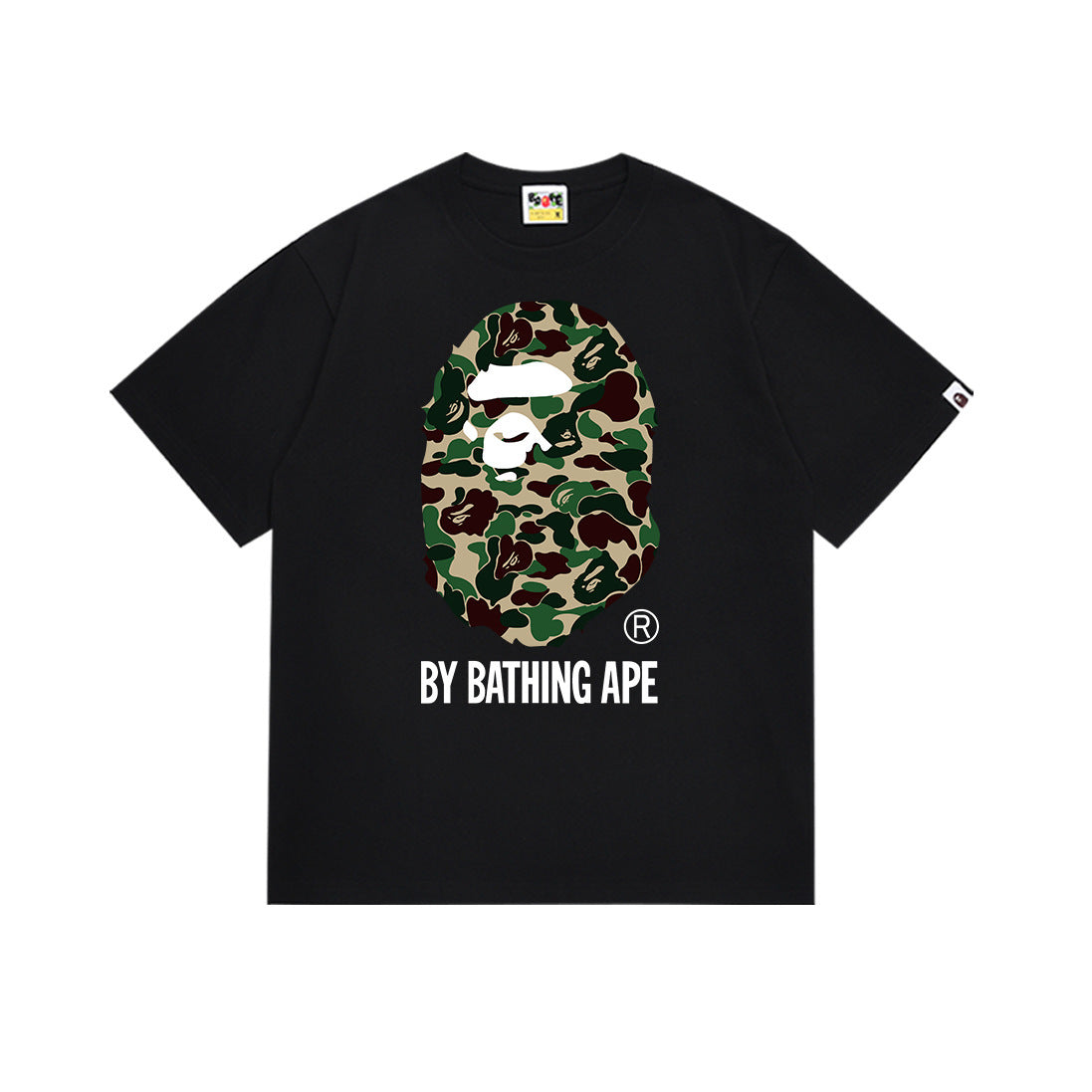 Black graphic T-shirt with camo ape face and BY BATHING APE logo