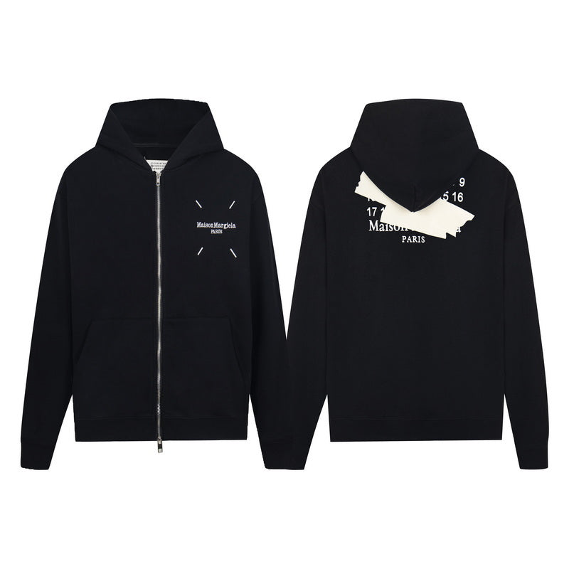 Black zip-up hoodie front and back views