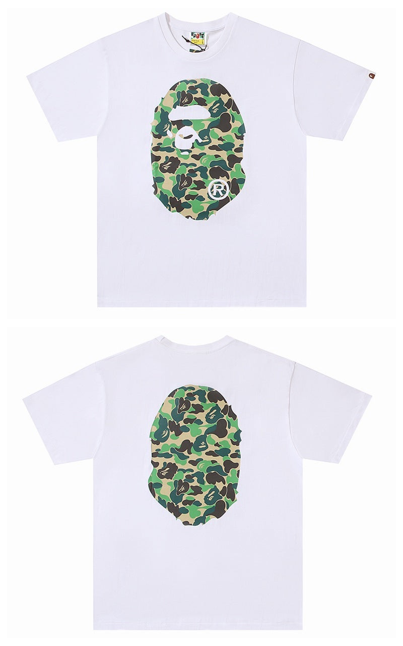 Bape white T-shirt with green camo ape graphic at chest