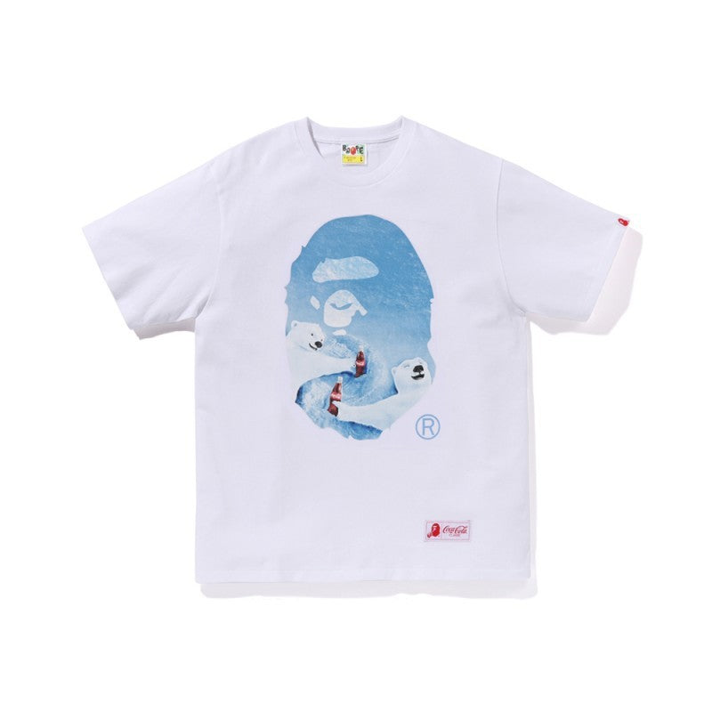 White Bape T-shirt with blue ape graphic and small logo patch