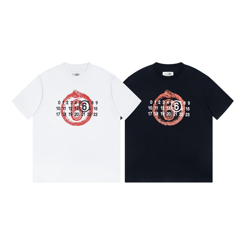 Front view graphic T-shirt set: white and black tees with red face numbers print
