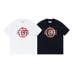 Front view graphic T-shirt set: white and black tees with red face numbers print