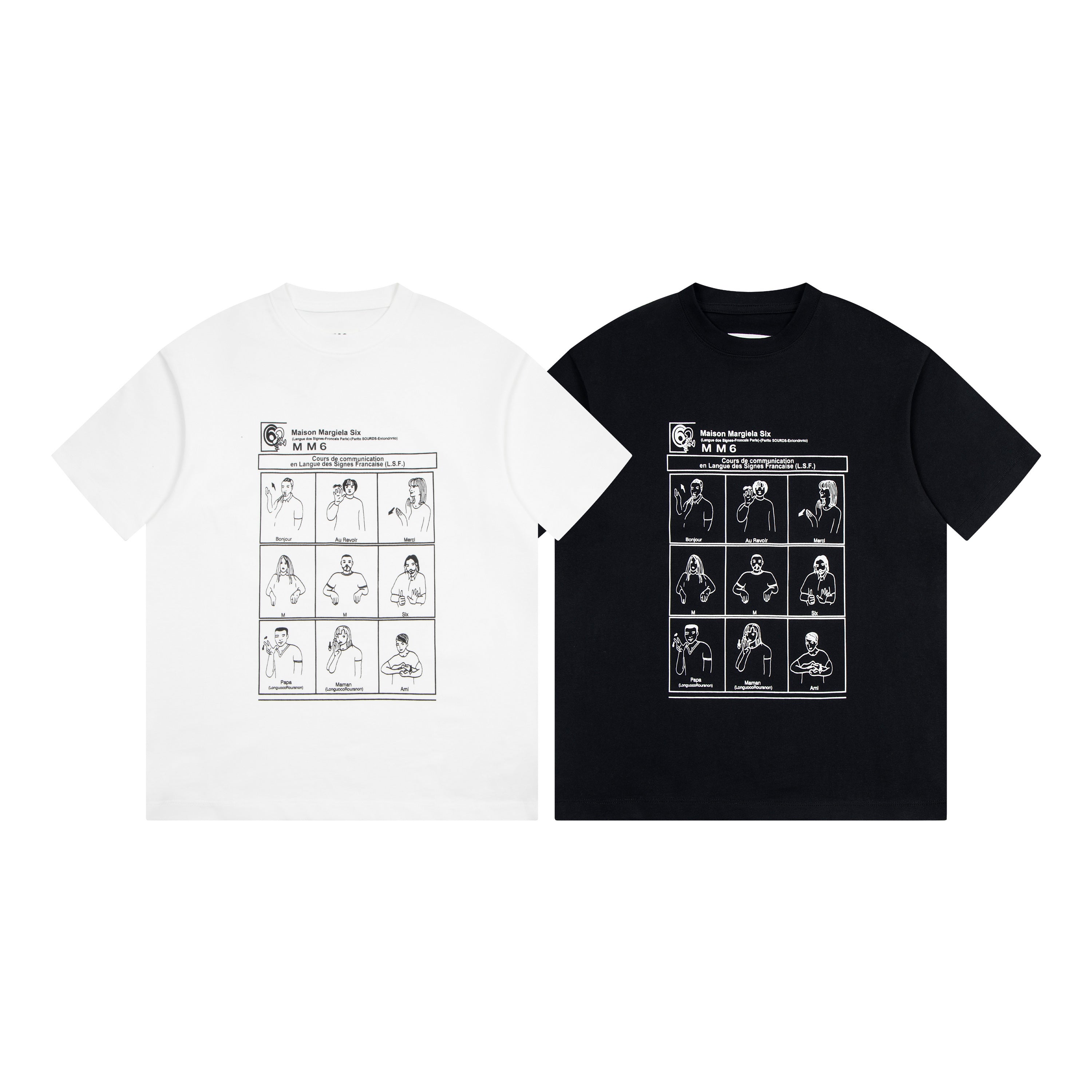 Two graphic T-shirts, white and black, crewneck short sleeves with illustrated panel print