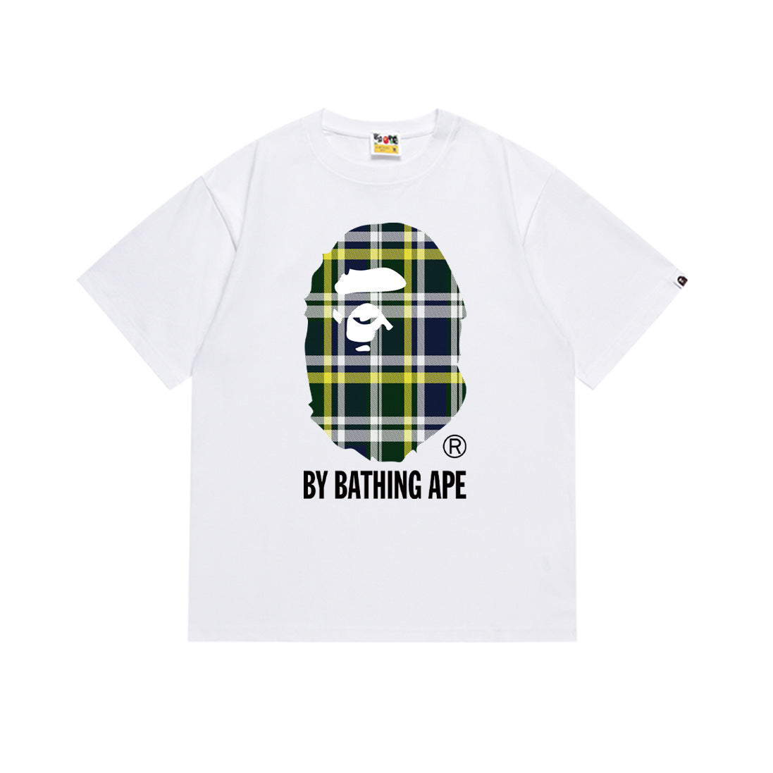 White Bape graphic T-shirt with plaid face and BY BATHING APE text
