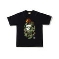 Bape black crewneck T-shirt with colorful camo bear graphic on front