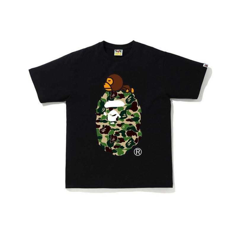 Bape black crewneck T-shirt with colorful camo bear graphic on front