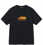 Black T-shirt with orange Stussy flame logo on chest