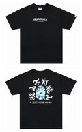Black short-sleeve T-shirt with white BAPE logo and graphic text on chest