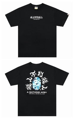 Black short-sleeve T-shirt with white BAPE logo and graphic text on chest