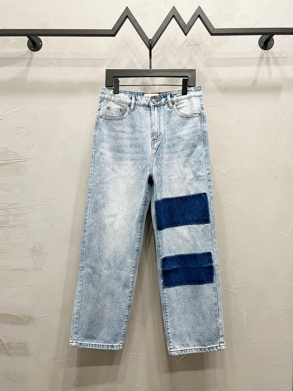 Maison Margiela denim jeans, light wash with two dark knee patches and wide leg