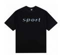 Black crew-neck T-shirt with sport-style letter graphic on chest
