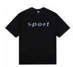 Black crew-neck T-shirt with sport-style letter graphic on chest