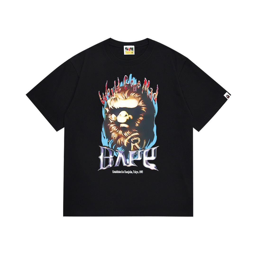 Black Bape short-sleeve T-shirt with colorful ape graphic on front