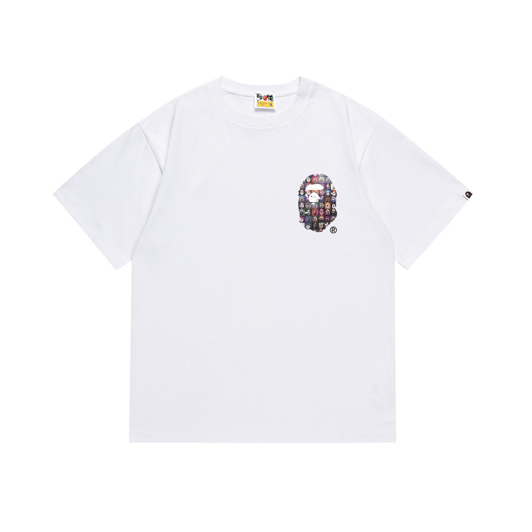 White Bape crewneck T-shirt with multicolor face graphic on chest