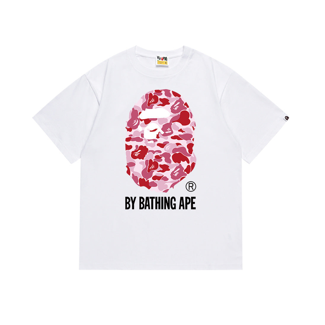White T-shirt with red camo ape face graphic and BY BATHING APE logo