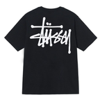 Stussy black T-shirt with white graphic logo print on front