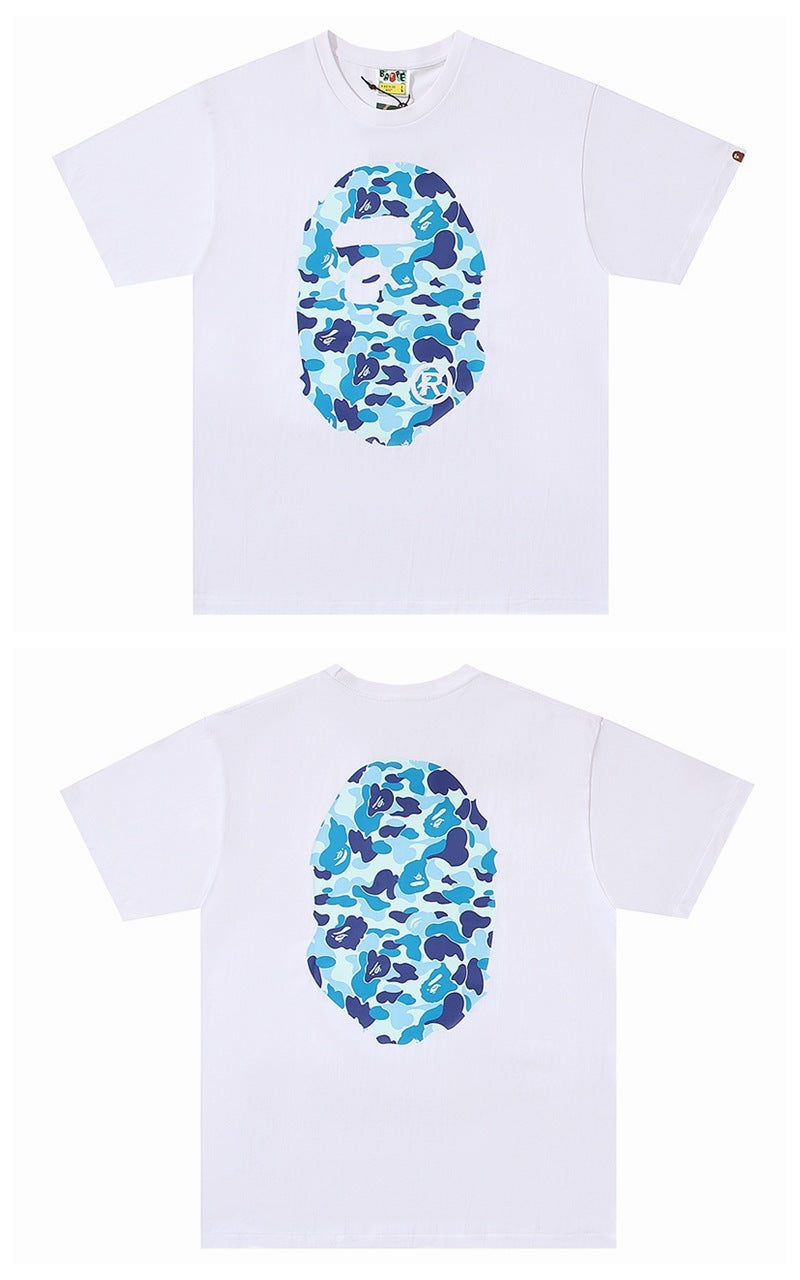 White T-shirt with blue camo face graphic on the front