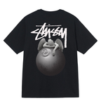 Stussy black T-shirt with white Stussy logo graphic and grey character design