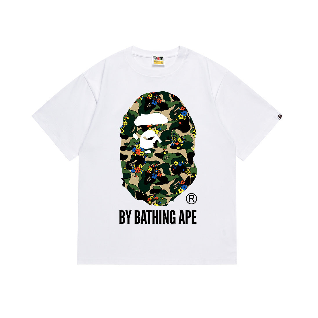 BAPE white crewneck T-shirt with camo ape graphic and logo print