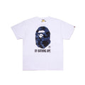White T-shirt with blue camo ape front graphic and 'BY BATHING APE' text