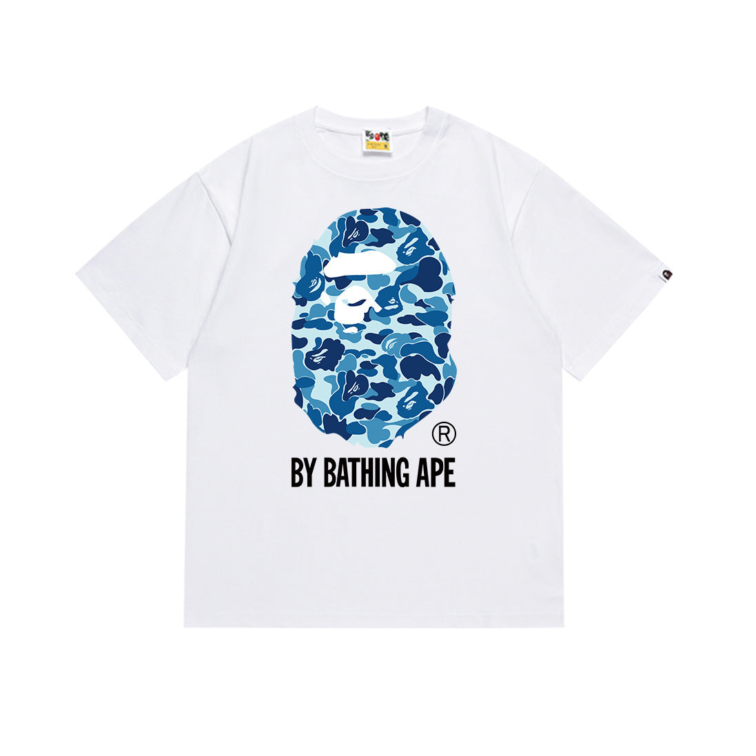White cotton T-shirt with blue camo BAPE ape graphic and BY BATHING APE text