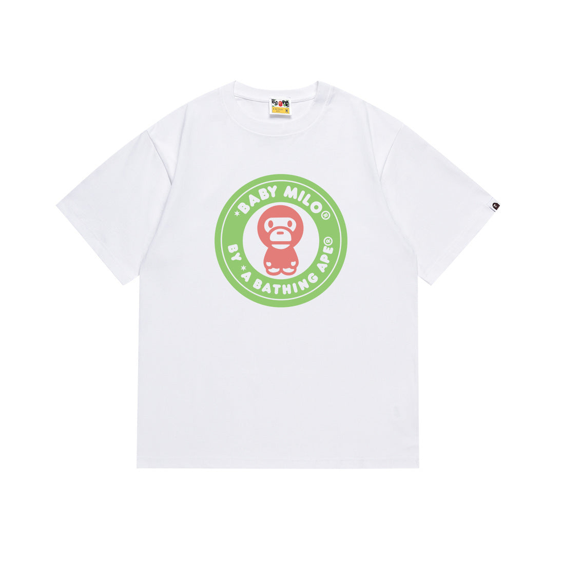 White Bape Baby Milo graphic T-shirt with circular logo at center