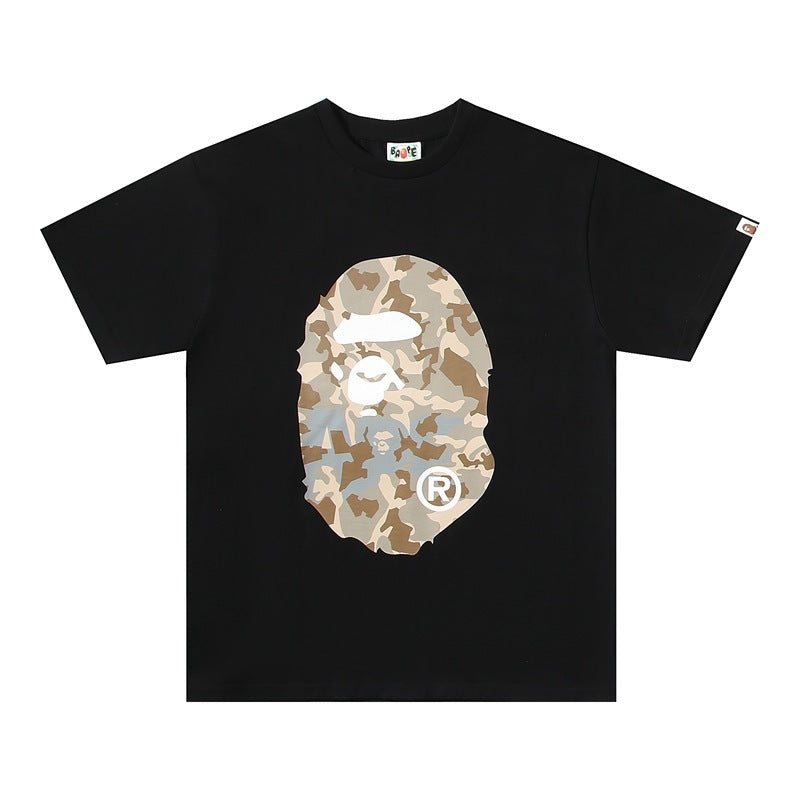 Bape black T-shirt with camouflage ape logo and crew neckline