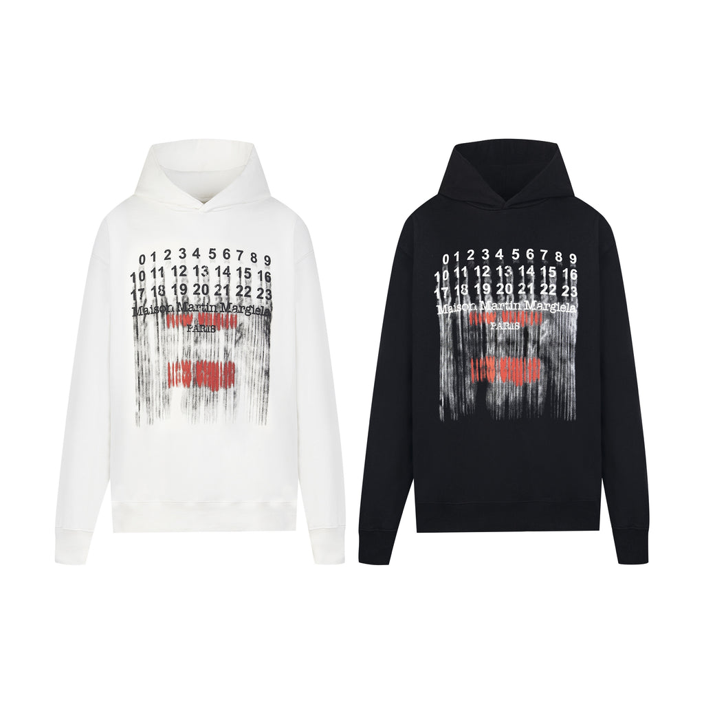 Pullover hoodie in white and black with front graphic numbers and red/gray print