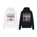 Pullover hoodie in white and black with front graphic numbers and red/gray print
