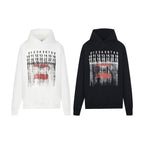 Pullover hoodie in white and black with front graphic numbers and red/gray print