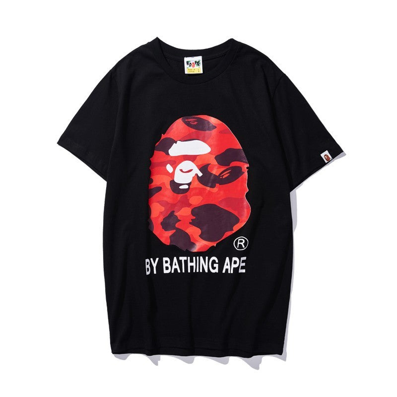 Black BAPE T-shirt with red camo ape graphic, BY BATHING APE print