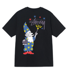 Stussy black T-shirt with cartoon wizard graphic and multicolor stars