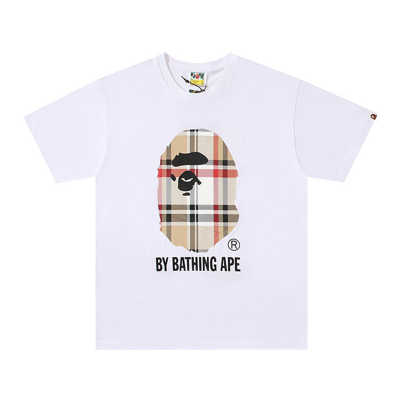 White Bape T-shirt with plaid ape face graphic and logo print