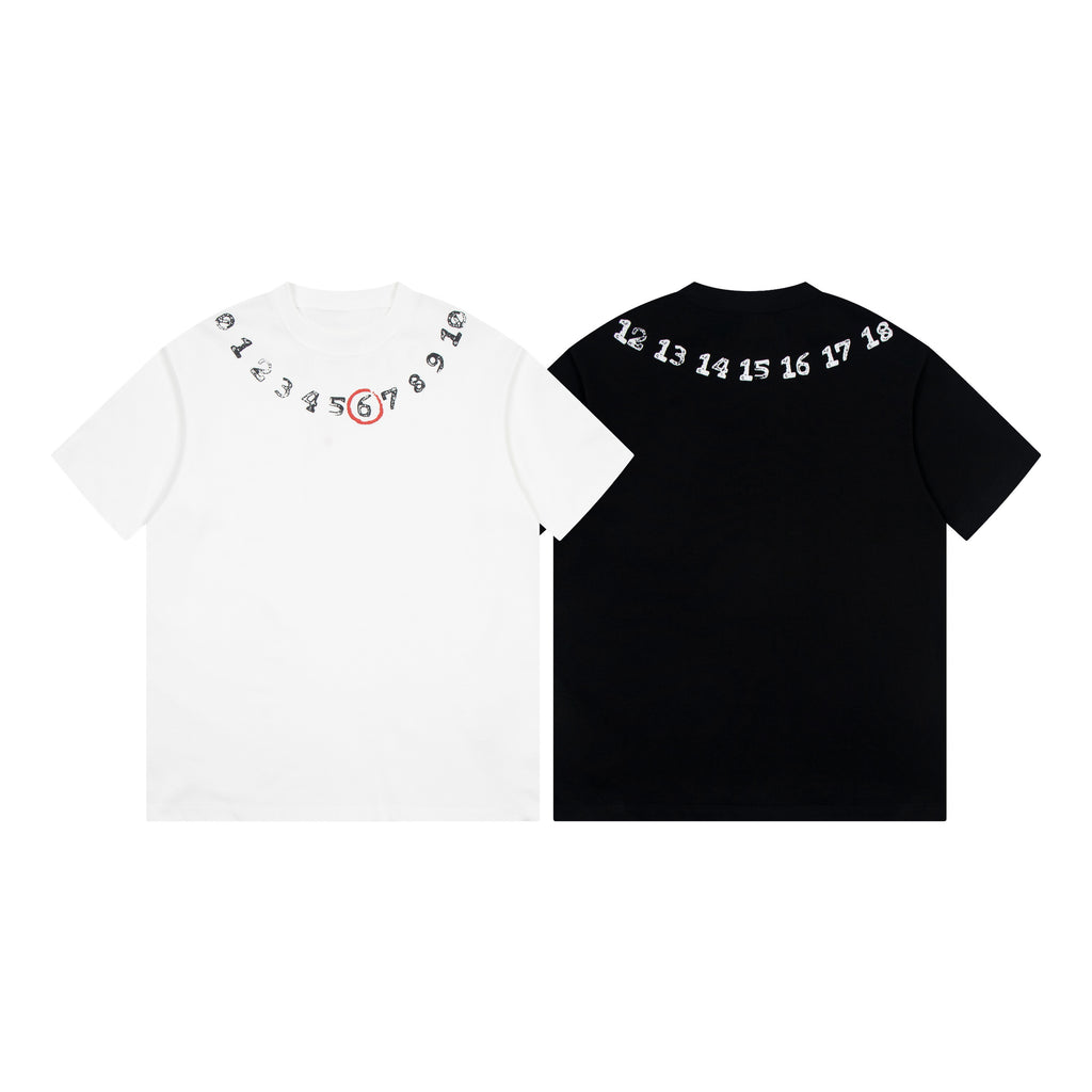 White and black T-shirts with numbers graphics