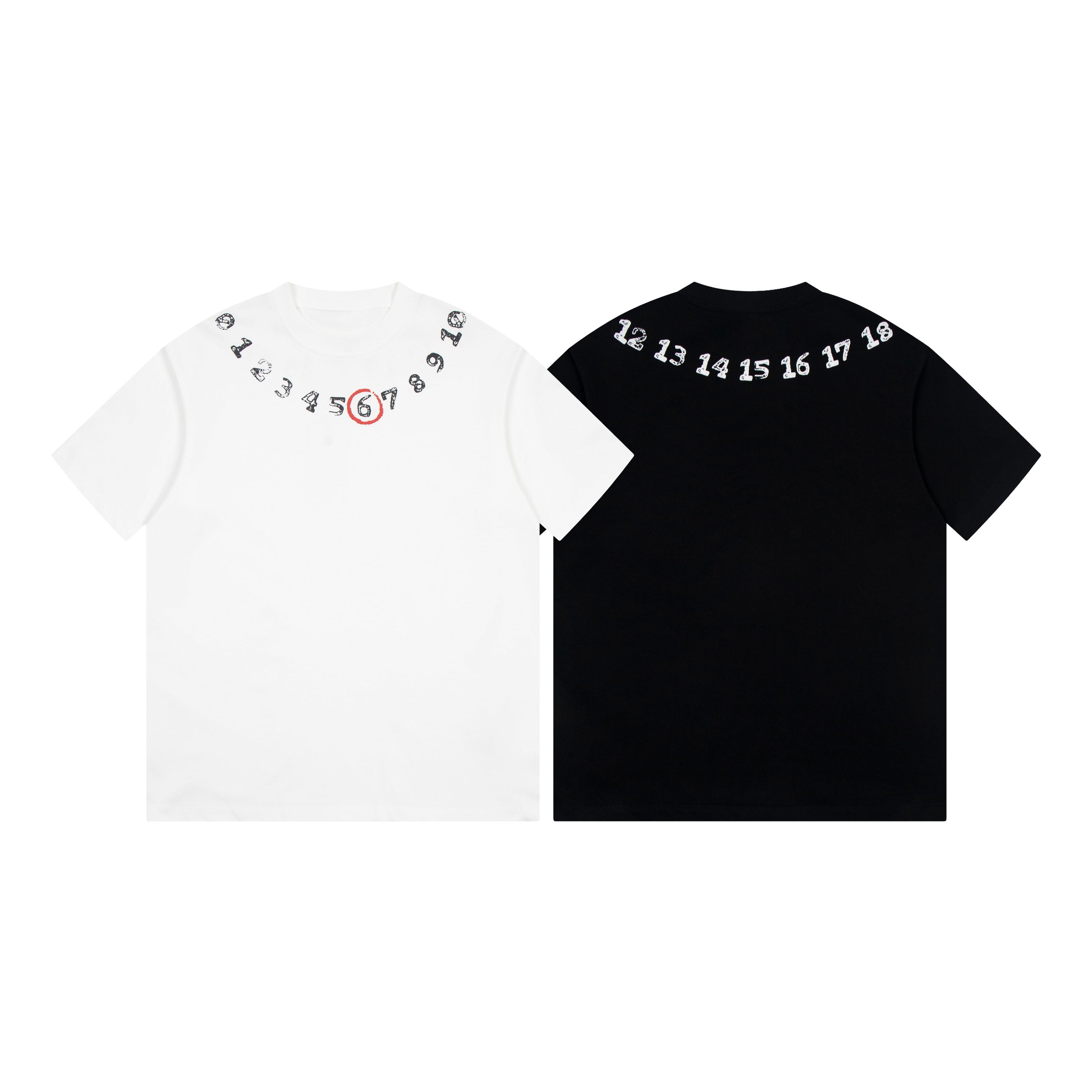 White and black T-shirts with numbers graphics