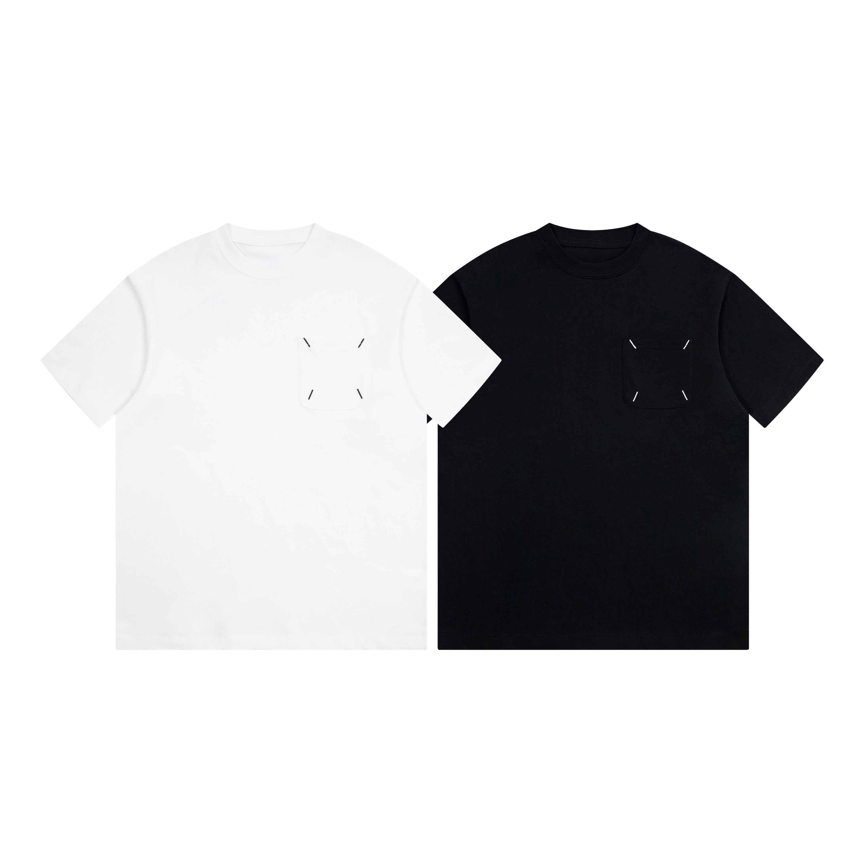Black and white crew-neck T-shirts with small stitched emblem on chest