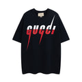 Navy Gucci short-sleeve T-shirt with red and white 'gucci' logo on front