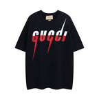 Navy Gucci short-sleeve T-shirt with red and white 'gucci' logo on front