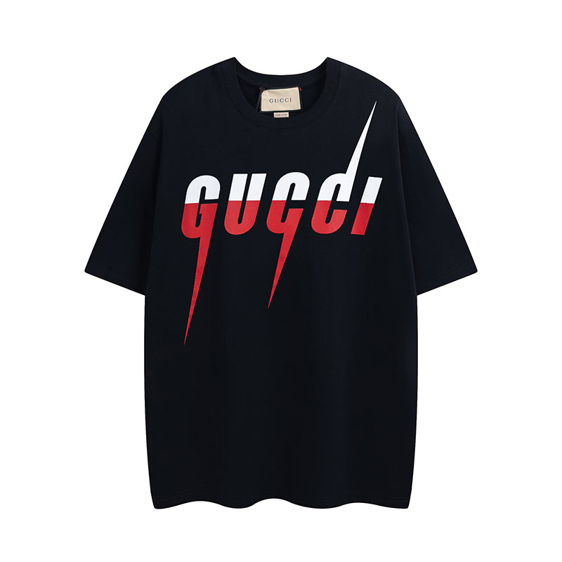 Navy Gucci short-sleeve T-shirt with red and white 'gucci' logo on front