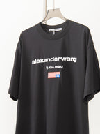 Black short-sleeve T-shirt with large alexanderwang logo and flag-style graphic