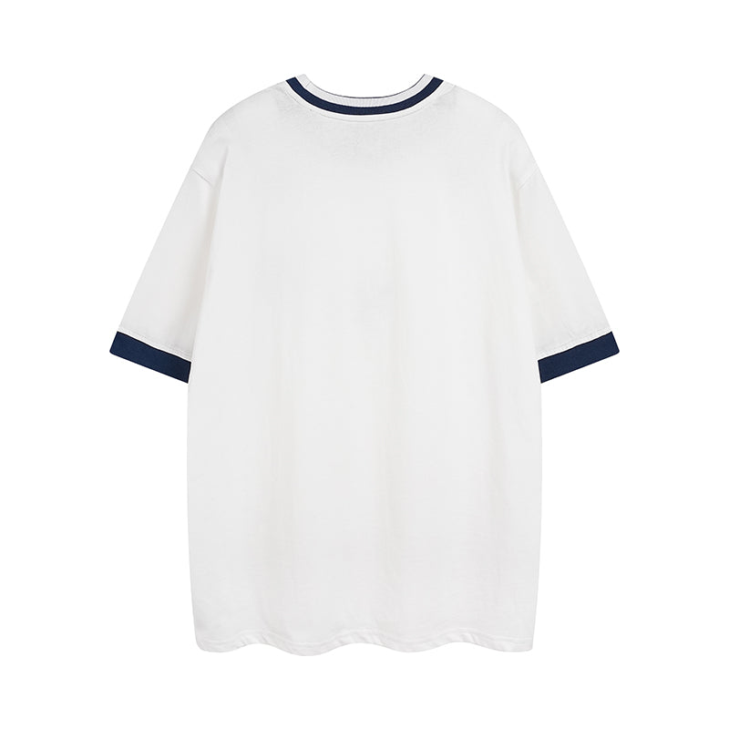 White short-sleeve T-shirt with navy trim sleeves and collar
