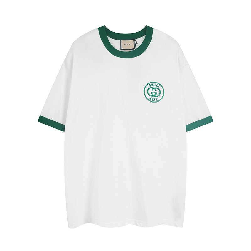 White Gucci short-sleeve T-shirt with green trim and small chest logo