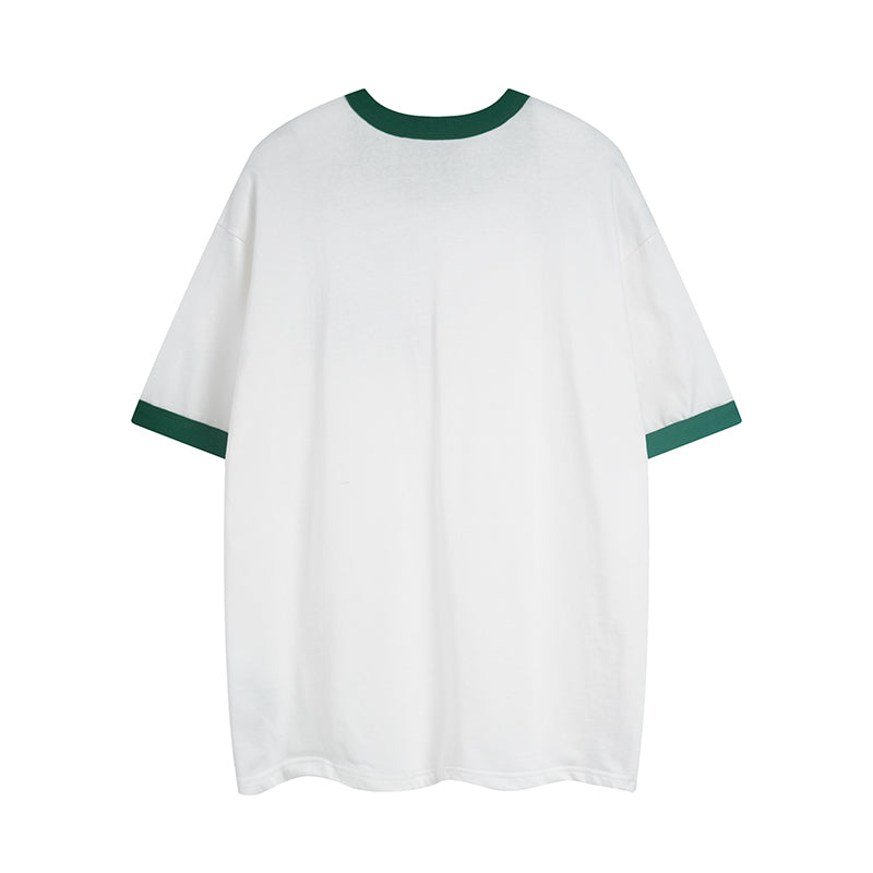 White Gucci short-sleeve T-shirt with green sleeve cuffs and round neck trim