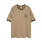 Tan Gucci short-sleeve T-shirt with ribbed neck and small chest logo patch