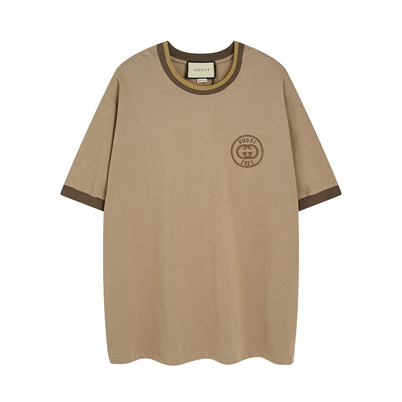 Tan Gucci short-sleeve T-shirt with ribbed neck and small chest logo patch