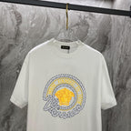 White T-shirt with close-up round gold-and-blue chest graphic