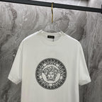 Versace white crewneck T-shirt with large circular Greca logo graphic on the chest